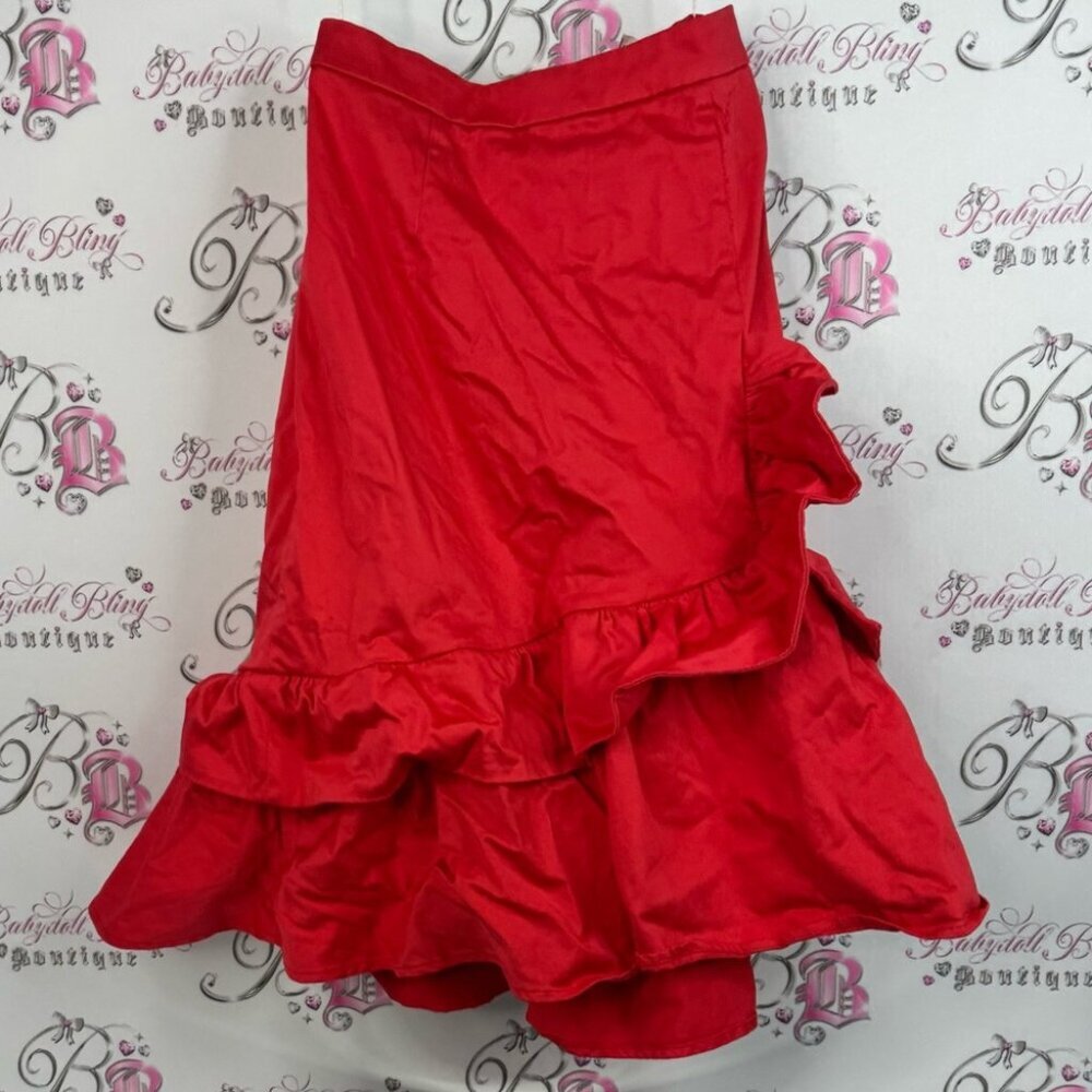 Zaret sahar skirt ruffle frills tiered bright Chic Asymmetrical Red Skirt